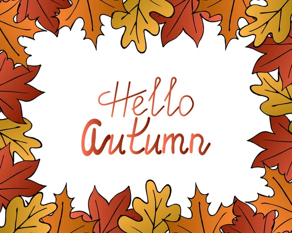 Illustration Autumn Background Painted Leaves Yellow Red Shades Lettering Hello — Stock Vector