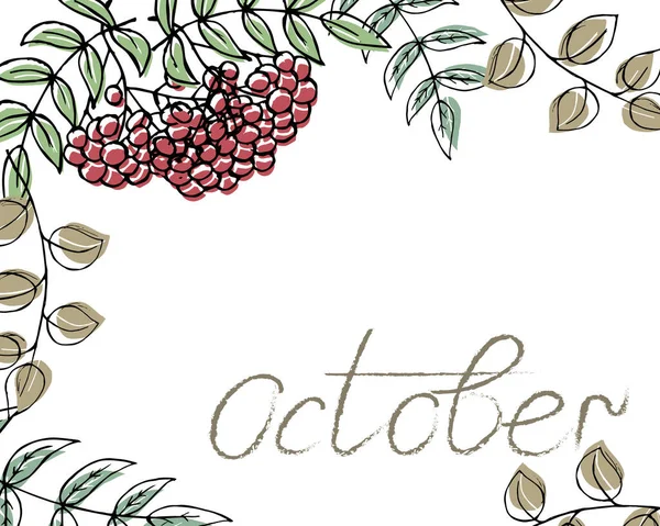 Ilustrace Podzimní Pozadí Malovaných Listů Rubínové Akvarelové Písmo Říjen Plakáty — Stockový vektor