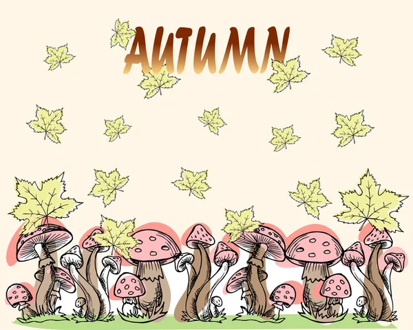 Иллюстрация Абстрактный Осенний Фон Раскрашенные Листья Контурные Грибы Надписи Осень — стоковый вектор
