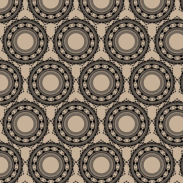 ベクトルイラスト シームレスなパターン ベージュの背景に黒の抽象的な円形の装飾 民族的な動機 壁紙や織物のための様式化されたパターン — ストックベクタ