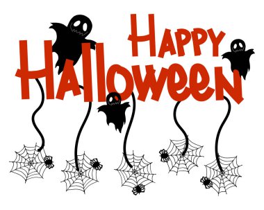 İllüstrasyon, sonbahar tatil kartı, örümcek ve ağ, hayaletler ve beyaz arka planda Mutlu Cadılar Bayramı yazıları, afişler, afişler için