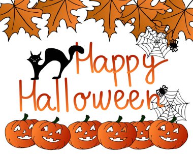 İllüstrasyon, sonbahar tatil kartı, portakal yaprakları, siyah kedi, örümcek, balkabağı ve beyaz arka planda Mutlu Cadılar Bayramı afişleri, afişler, afişler