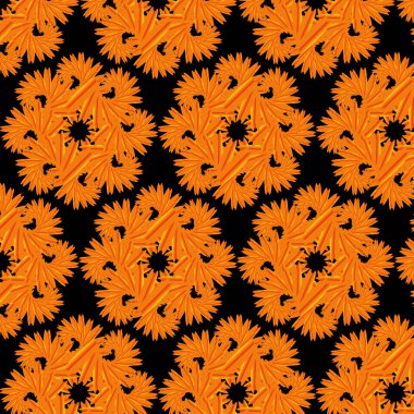 Resim, pürüzsüz desen, siyah arka planda sarı soyut çiçekler, mandala, duvar kağıdı, tekstil için.