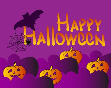 İllüstrasyon, tatil kartı, örümcek ağındaki örümcekler, balkabağı, yarasa ve harfler. Leylak rengi arka planda Mutlu Cadılar Bayramı, afişler, afişler için.