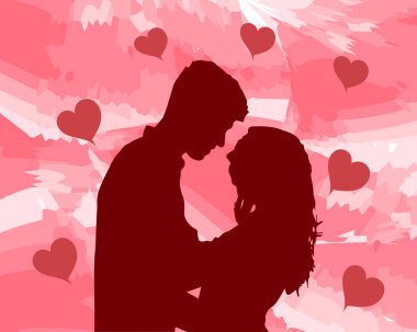 Resim, pembe suluboya arka planda iki aşığın soyut görüntüsü ve kalpler, davetiyeler, kartlar, afişler için Sevgililer Günü 'nüz kutlu olsun.
