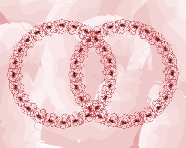 Elle çizilmiş illüstrasyon, kırmızı haşhaş şekilli kırmızı alyans şeklinde bulanık pembe arka plan, davetiye, düğün, kartpostal