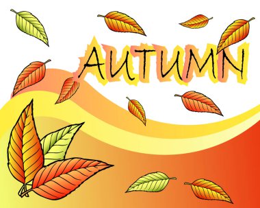 İllüstrasyon, soyut sonbahar arkaplanı, Sonbahar ve sarı-kırmızı sonbahar yaprakları renkli dalgalar, poster, afiş