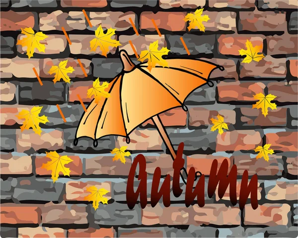 Иллюстрация Абстрактный Осенний Фон Осенние Листья Зонтик Фоне Кирпичной Стены — стоковый вектор