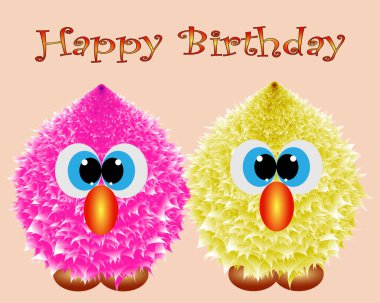 İllüstrasyon, mutlu doğum günü kartı, sevimli pofuduk soyut baykuş oyuncakları, harfler Mutlu yıllar, kartpostal, tebrikler
