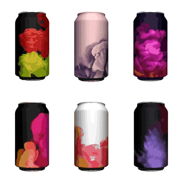 Vector Illustration Set Cans Juice Beer Colorful Watercolor Labels Design — Stock Vector