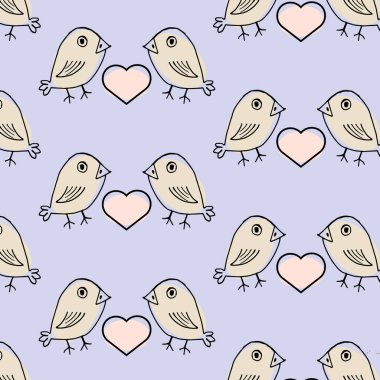 Çizim, kusursuz desen, el çizimi soyut kuşlar ve mavi arka planda pembe kalpler, yumuşak pastel gölgeler, keten, tekstil, çocuk kıyafetleri