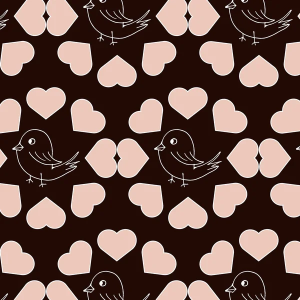 Ilustrace Hladký Vzor Ručně Kreslené Abstraktní Ptáky Pozadí Růžových Srdcí — Stockový vektor