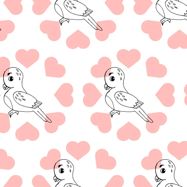 Иллюстрация Бесшовный Узор Нарисованные Вручную Абстрактные Птицы Попугаи Розовые Сердца — стоковый вектор