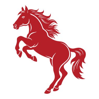 Beyaz arka planda izole edilmiş dinamik duruş içinde kırmızı at silueti. Görüntü.