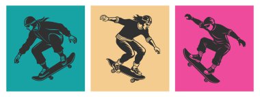 Patencilerin kaykayla atladığı modern posterler. Gençler için sokak aktivitesi. Çizimler, baskı tasarımı.