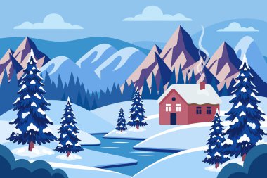 Kış manzarası. Karlı dağlarda rahat bir ev. Yılbaşı ve Noel kartları, mevsimlik promosyonlar ve afişler.