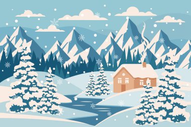 Kış manzarası. Karlı dağlarda rahat bir ev. Yılbaşı ve Noel kartları, mevsimlik promosyonlar ve afişler.