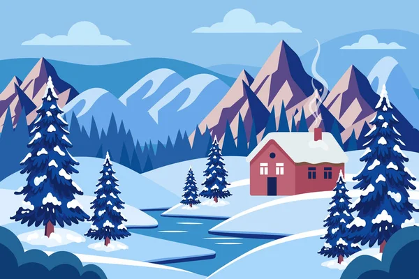 Kış manzarası. Karlı dağlarda rahat bir ev. Yılbaşı ve Noel kartları, mevsimlik promosyonlar ve afişler.