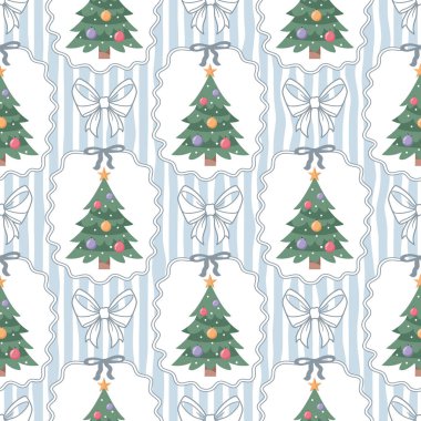 Seamless pattern with festive winter Christmas trees and bows. Retro background.