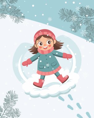 Happy child making a snow angel. Cute little girl playing with snow. Winter season illustration.