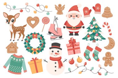 Christmas holiday elements collection. Santa snowman candies christmas tree garland reindeer gingerbreads skates. Cute winter holiday stickers.