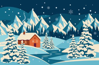 Kış manzarası. Karlı dağlarda rahat bir ev. Yılbaşı ve Noel kartları, mevsimlik promosyonlar ve afişler.