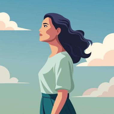 Gökyüzüne rüya gibi bakan güzel bir kadının portresi. Görüntü.