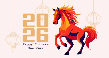 Mutlu Çin Yeni Yıl 2026 kartları, ateş atı ve Asya fenerleriyle. Bayrak, şenlikli illüstrasyon.