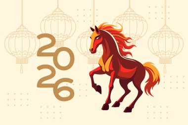 Mutlu Çin Yeni Yıl 2026 kartları, ateş atı ve Asya fenerleriyle. Bayrak, şenlikli illüstrasyon.