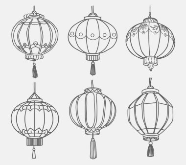 Çin fenerleri kuruldu. Geleneksel Asya fenerleri koleksiyonu. Çizgi çalışması. Özet çizimi. 