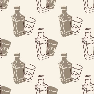 Dikensiz el yapımı viski şişeleri ve buzlu bardaklar. İç arkaplan.