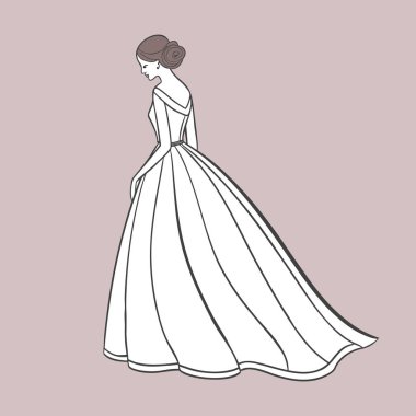 Gelinlik giymiş zarif bir gelin silueti. Çizgi çalışması. Kart veya davet için minimalist illüstrasyon.