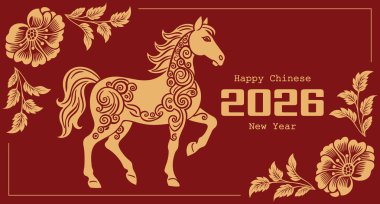 Süslü çiçekli Çin Yeni Yıl kartı. Bayram afişi. Kırmızı altın çizimi.