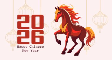 Mutlu Çin Yeni Yıl 2026 kartları, ateş atı ve Asya fenerleriyle. Şenlikli illüstrasyon.