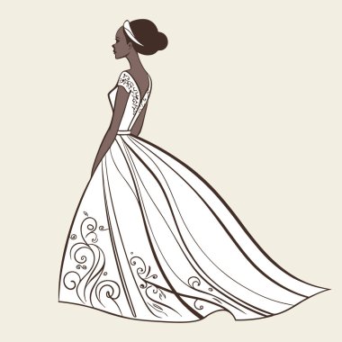 Dalgalı gelinlik içinde güzel bir gelin. El çizimi illüstrasyon.