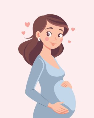 Elleri göbeğinde sevimli hamile bir kadın. Karnını tutan hamile bir kadın. Görüntü.