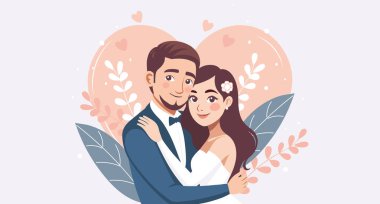 Mutlu evlilik çifti pembe kalp geçmişini çiçeklerle kucaklıyor. Görüntü.