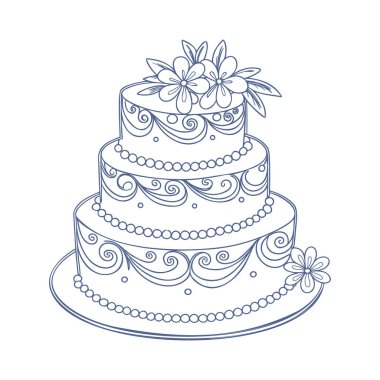 Çiçekli ve kıvrımlı üç katlı romantik bir düğün pastası. Çizim.