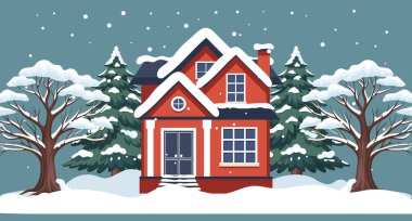 Karlı kış manzarasında, karla kaplı ağaçlarla kaplı şirin bir ev. Noel ve tatil geçmişleri için resim.