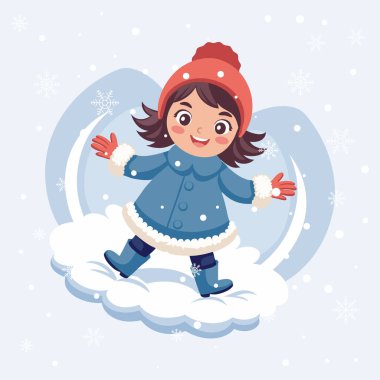 Cute little girl in winter clothes makes a snow angel in winter. Illustration.