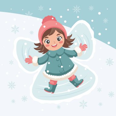 Cute little girl in winter clothes makes a snow angel in winter. Illustration.