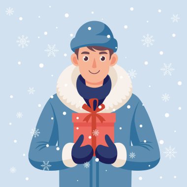 Elinde Noel hediyesi tutan kışlık ceketli gülümseyen adam. Tatil illüstrasyonu.