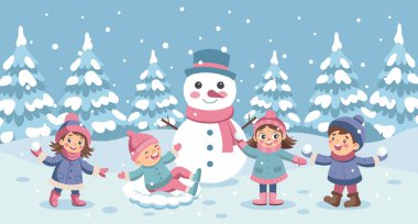 Mutlu çocuklar kış ormanlarında kardan adamla oynuyorlar. Noel ve Yeni Yıl konsepti çizimi.