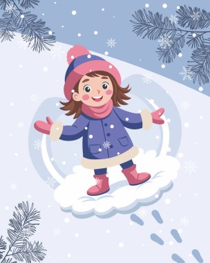 Karlı kış harikalar diyarında mutlu bir çocuk. Tatil illüstrasyonu.