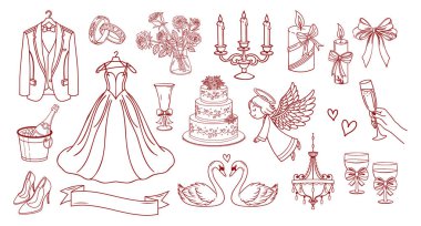 El çizimi düğün unsurları koleksiyonu. Karalama simgeleri. Düğün davetiyeleri için tatil illüstrasyonları. Çizim.