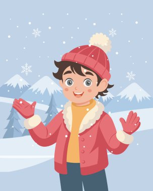 Kar yağışının tadını çıkaran mutlu çocuk. Görüntü.