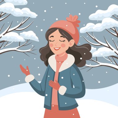 Kış kar yağışının keyfini çıkaran mutlu kadın. Noel ve Yeni Yıl kartı illüstrasyonu.