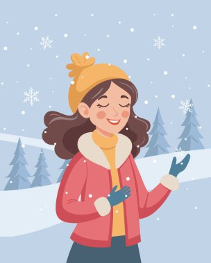 Kış kar yağışının keyfini çıkaran mutlu kadın. Noel ve Yeni Yıl kartı illüstrasyonu.