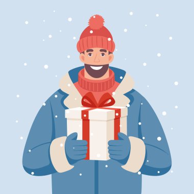 Kış kıyafetleri içinde mutlu bir adam, karlı bir sahnede Noel hediyesi kutusunu tutuyor. Tatil illüstrasyonu.