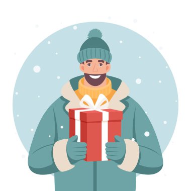 Kış kıyafetleri içinde mutlu bir adam, karlı bir sahnede Noel hediyesi kutusunu tutuyor. Tatil illüstrasyonu.
